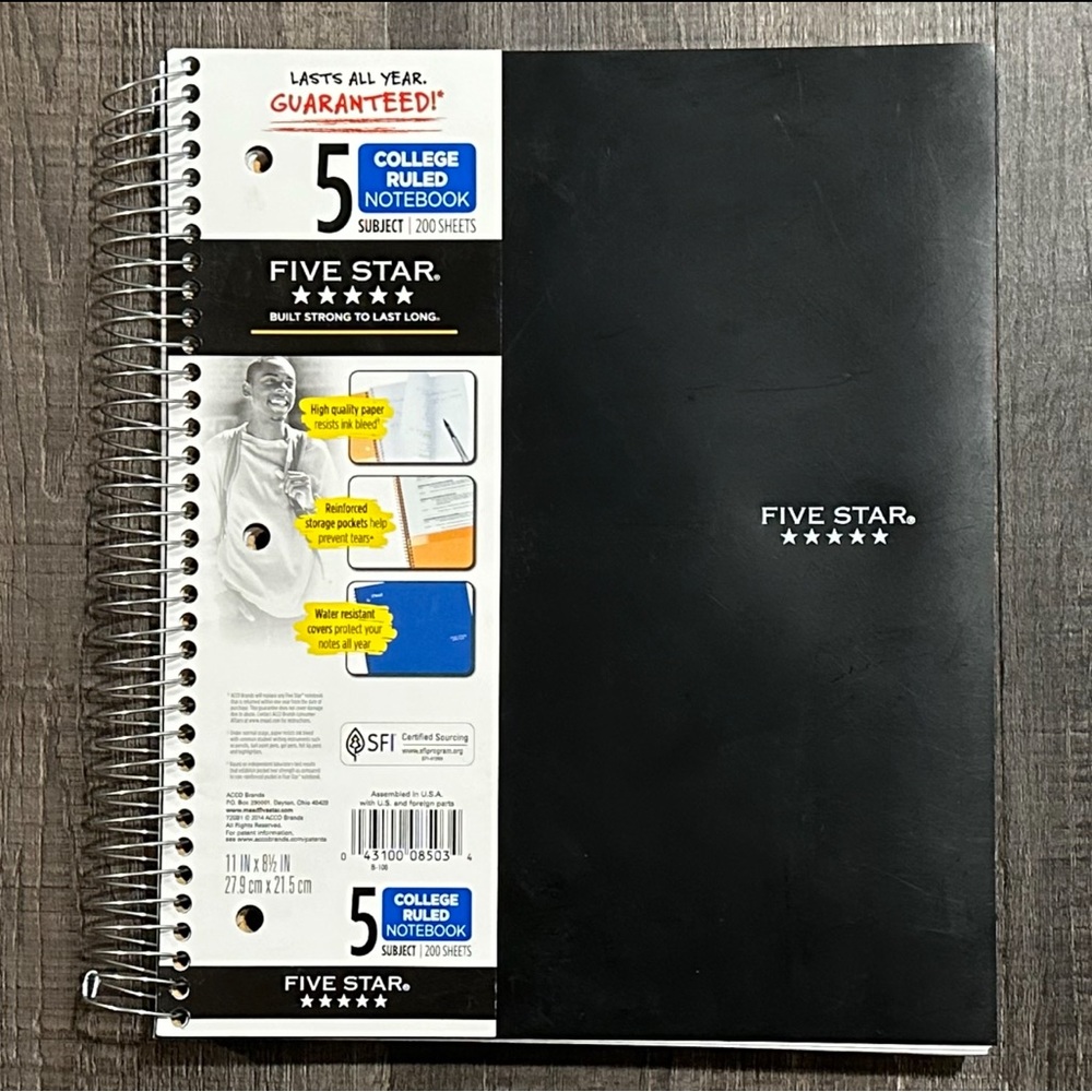 New 200-Page College Ruled Five Star Black Spiral 5-Subject Notebook
